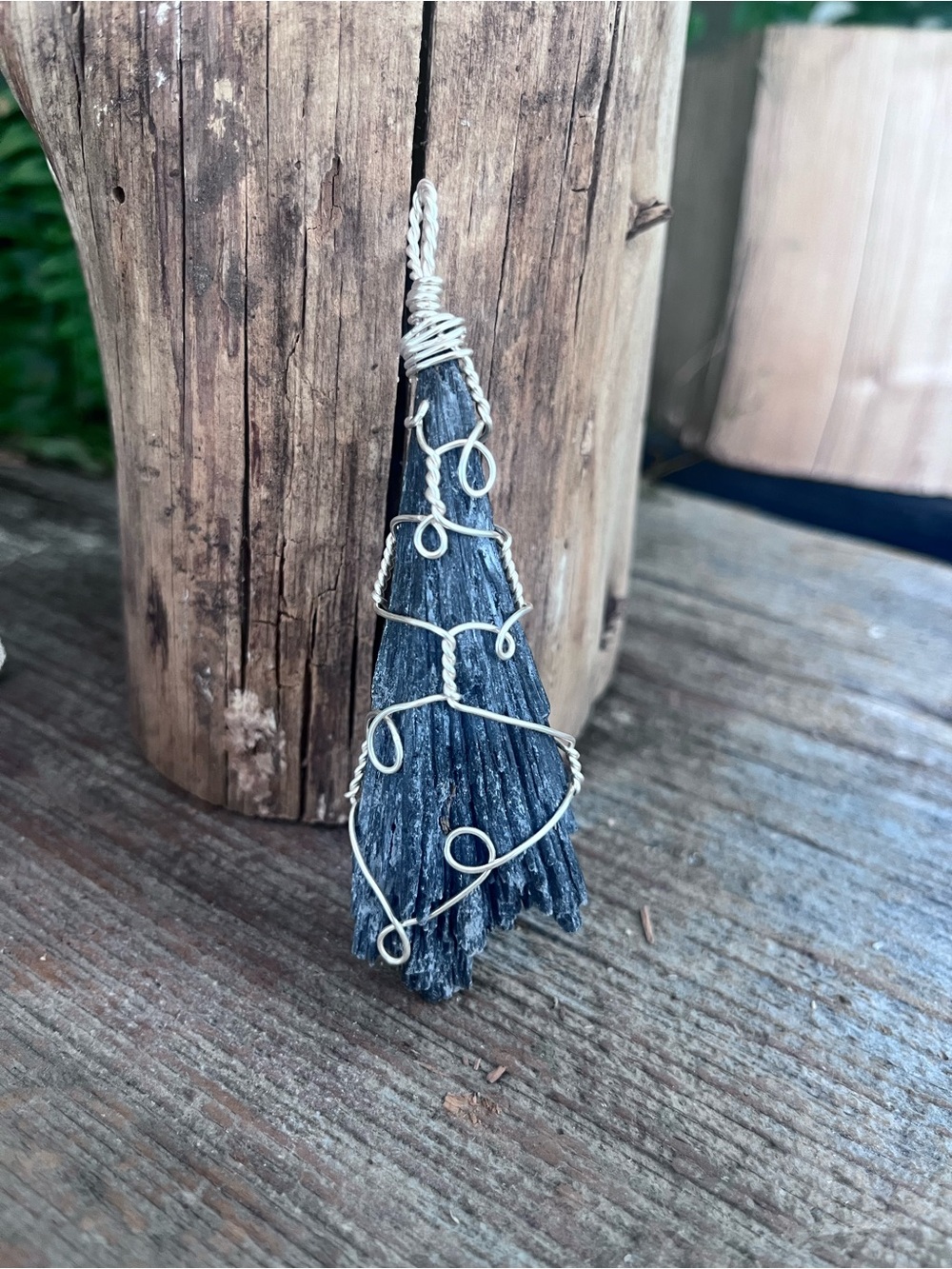 Handmade Wire-Wrapped Black Kyanite Pendant Necklace